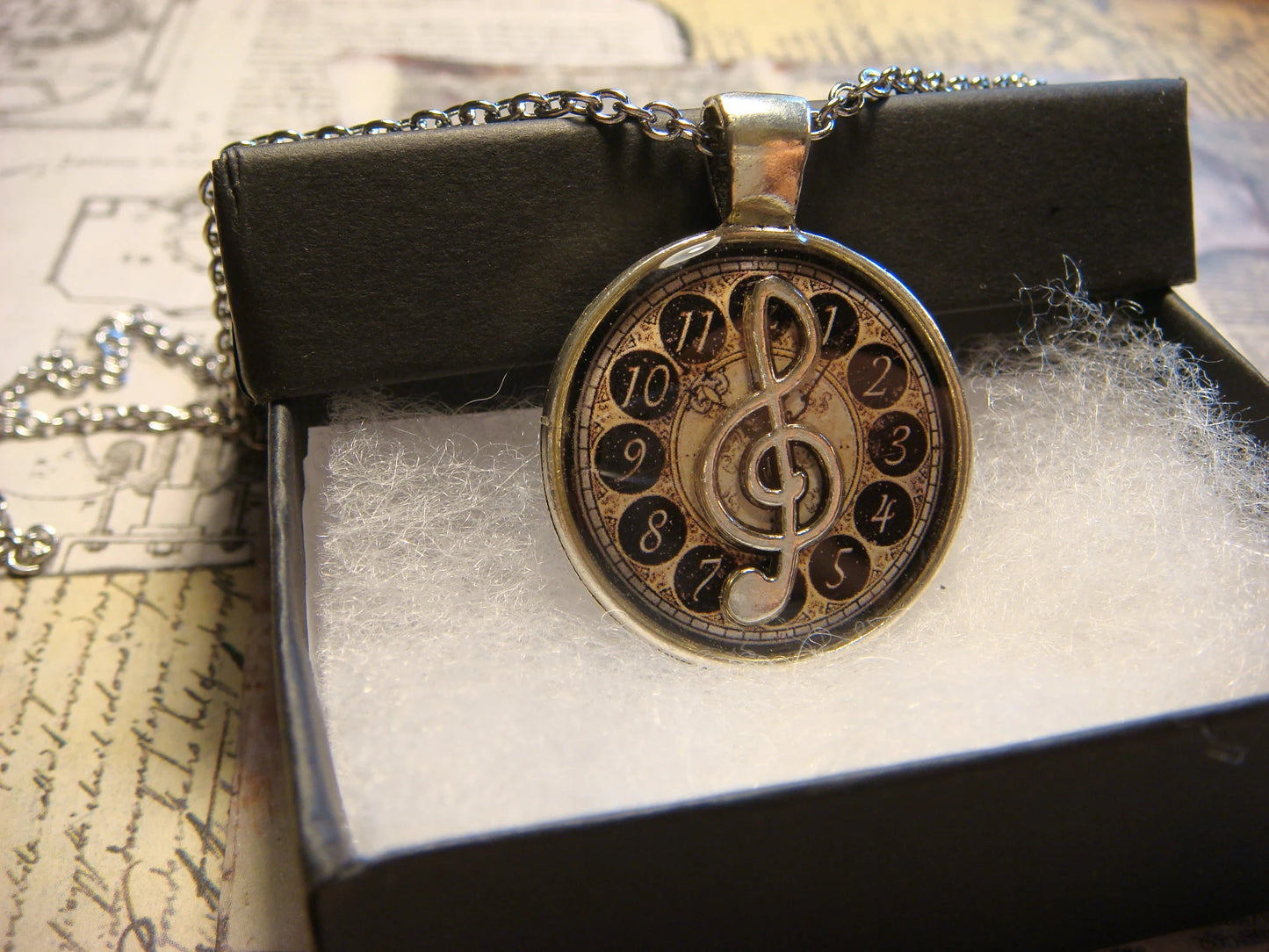 Treble Clef over Clock Pendant Necklace