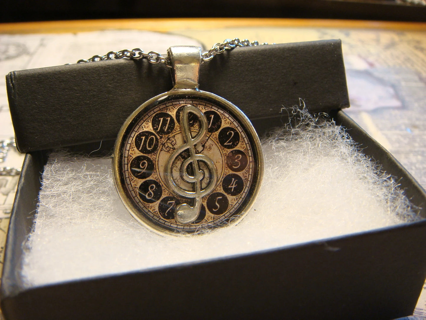 Treble Clef over Clock Pendant Necklace
