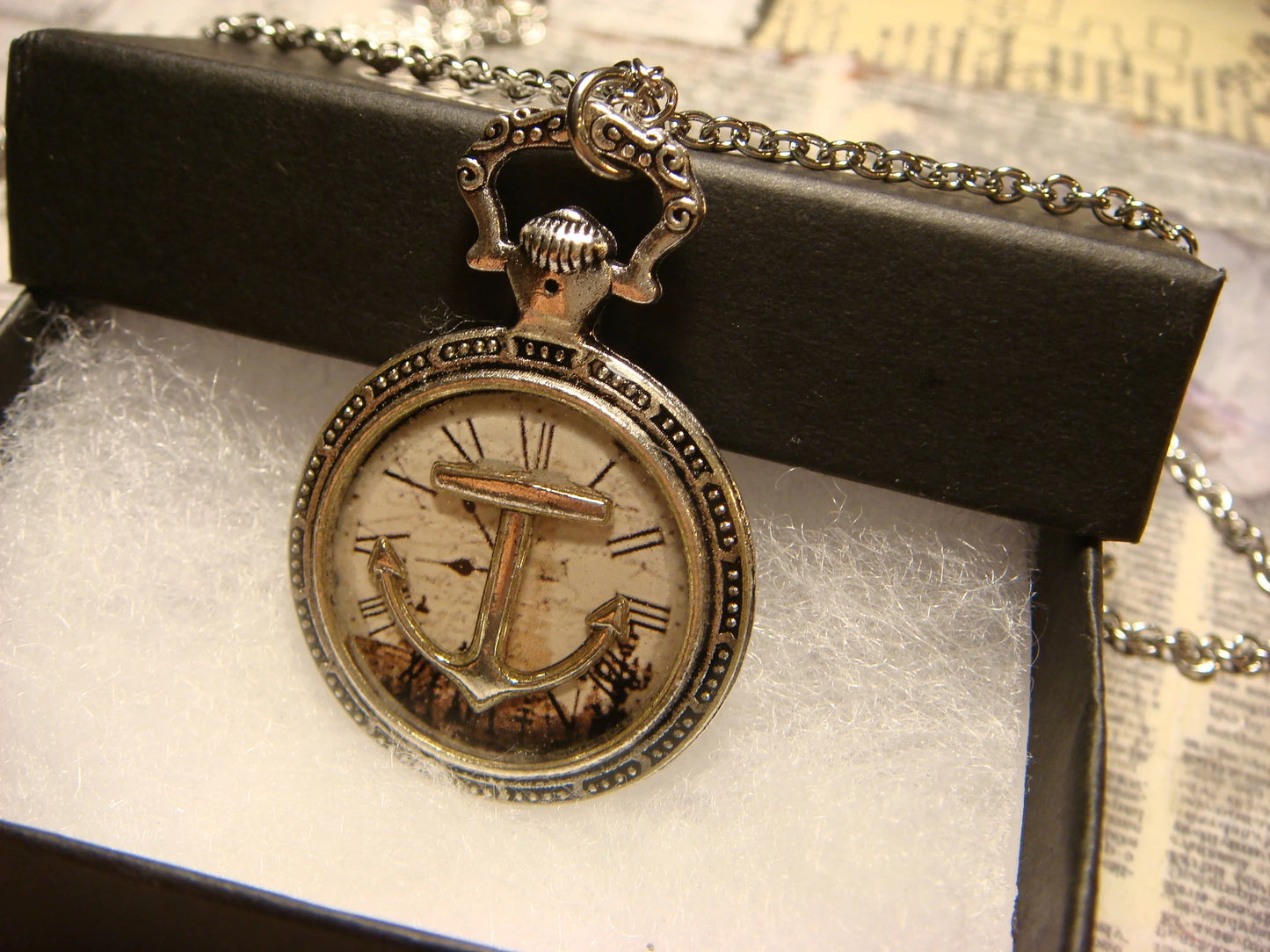 Anchor over Victorian Clock Pocket Watch Pendant Necklace