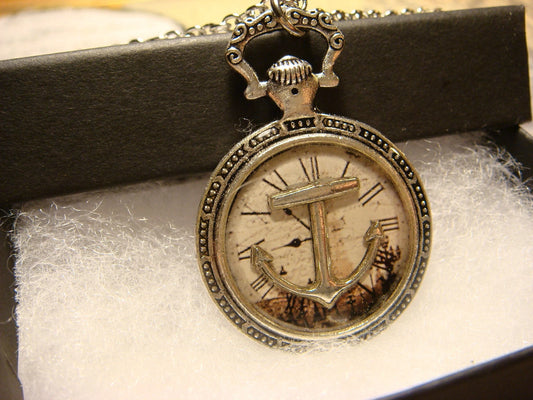 Anchor over Victorian Clock Pocket Watch Pendant Necklace