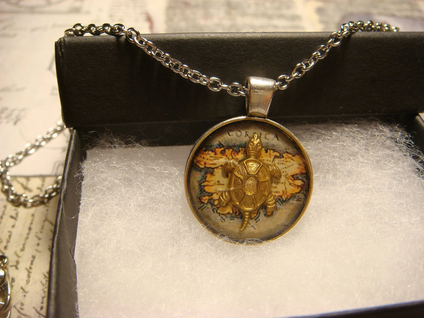 Turtle over Map Small Pendant Necklace