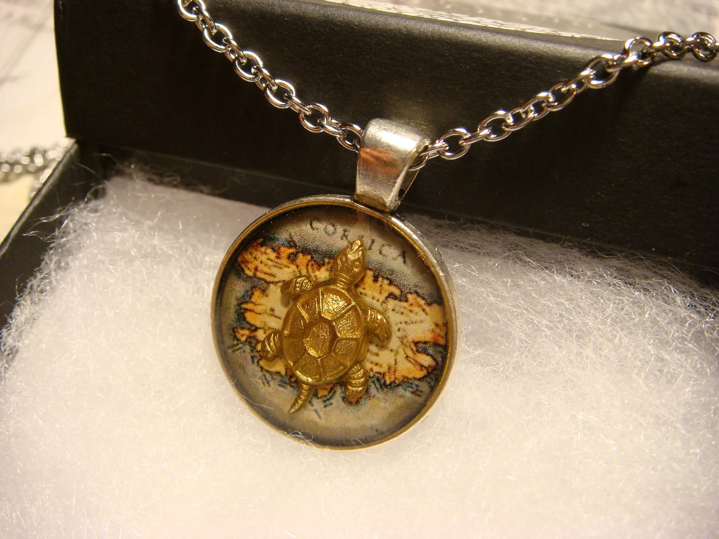 Turtle over Map Small Pendant Necklace