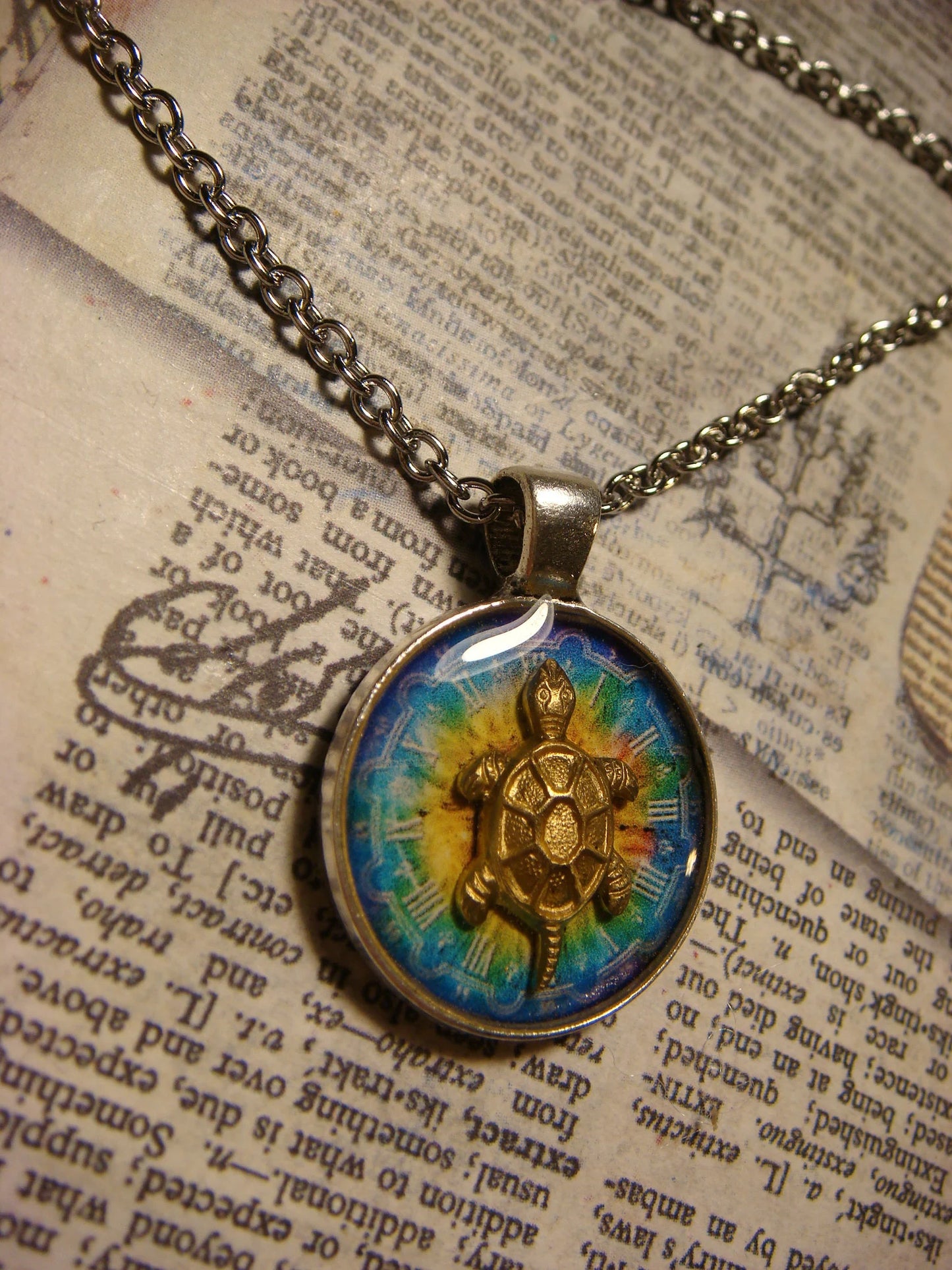 Turtle over Colorful Clock Small Pendant Necklace