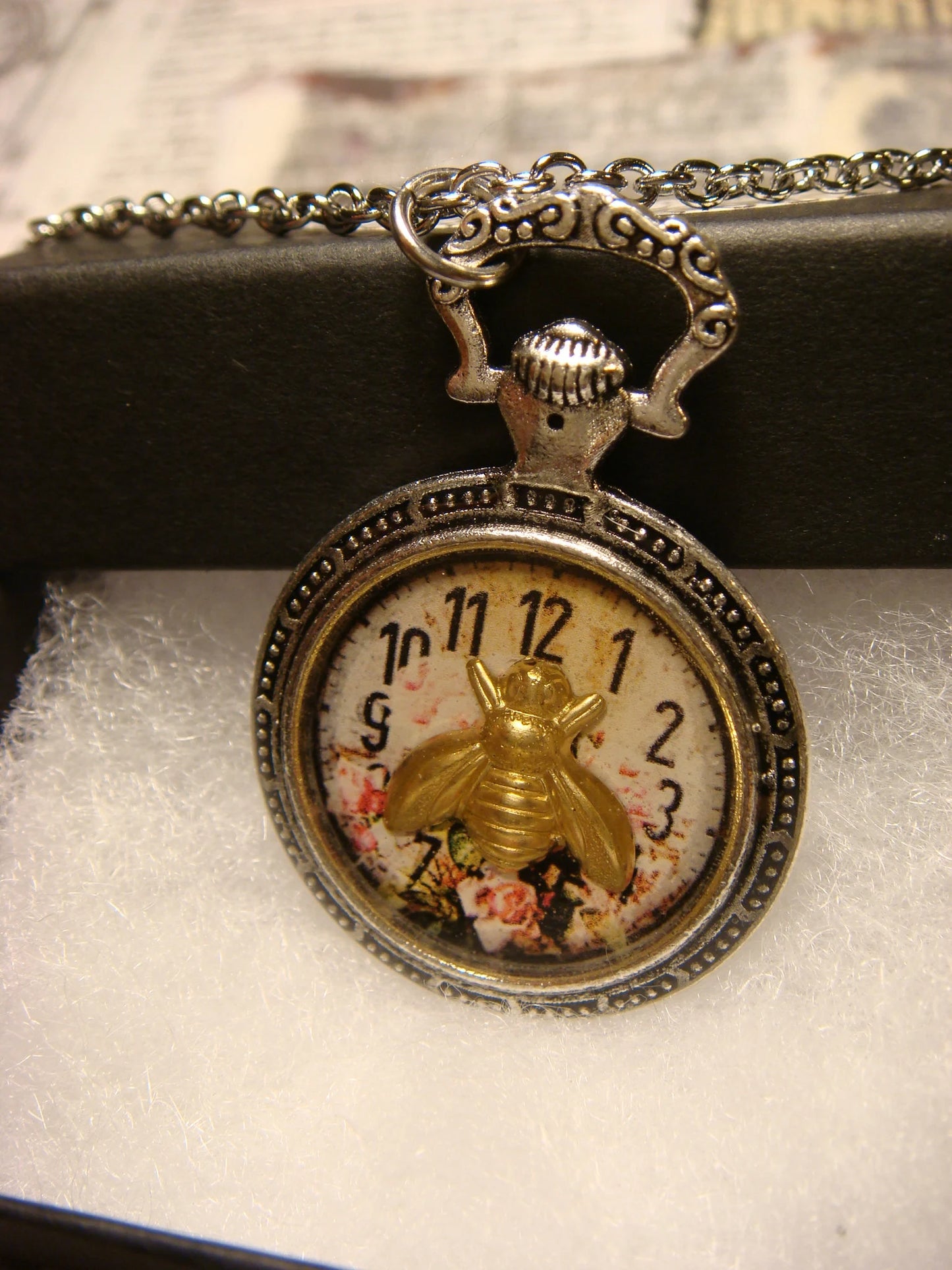 Bee over Floral Clock Pocket Watch Pendant Necklace