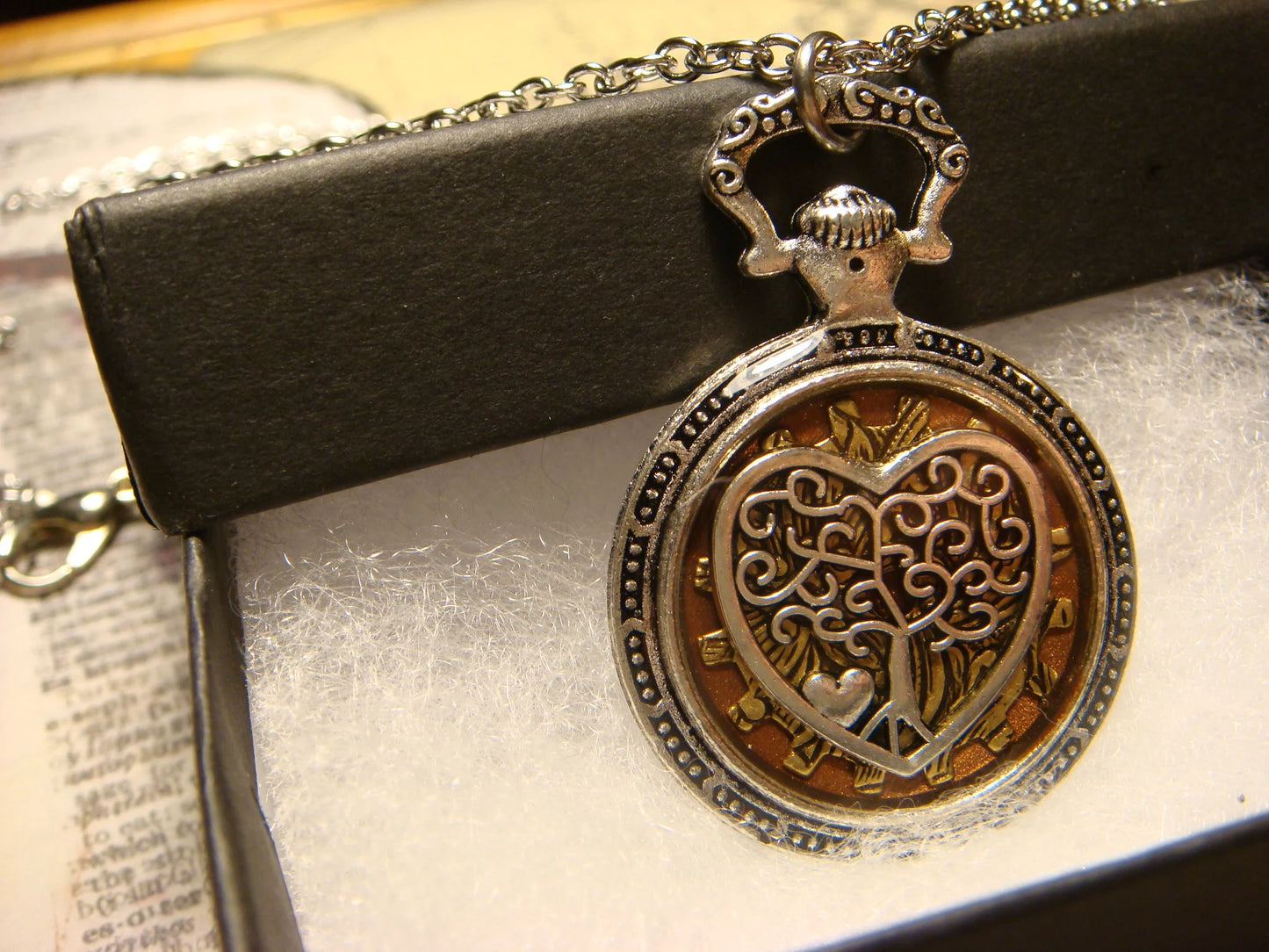 Tree of Life Heart over Etched Gear Pocket Watch Style Pendant Necklace