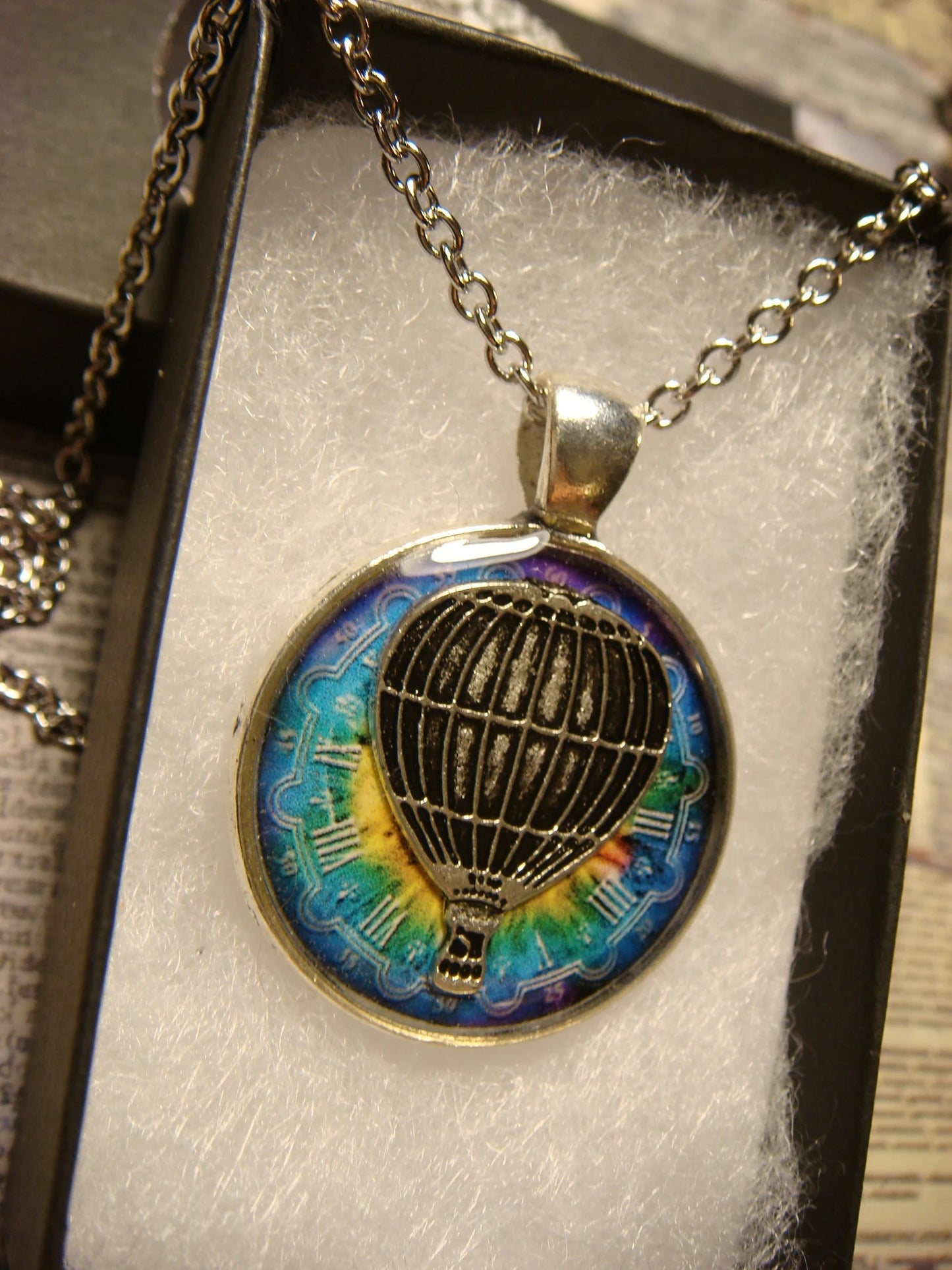 Hot Air Balloon over Colorful Clock Pendant Necklace