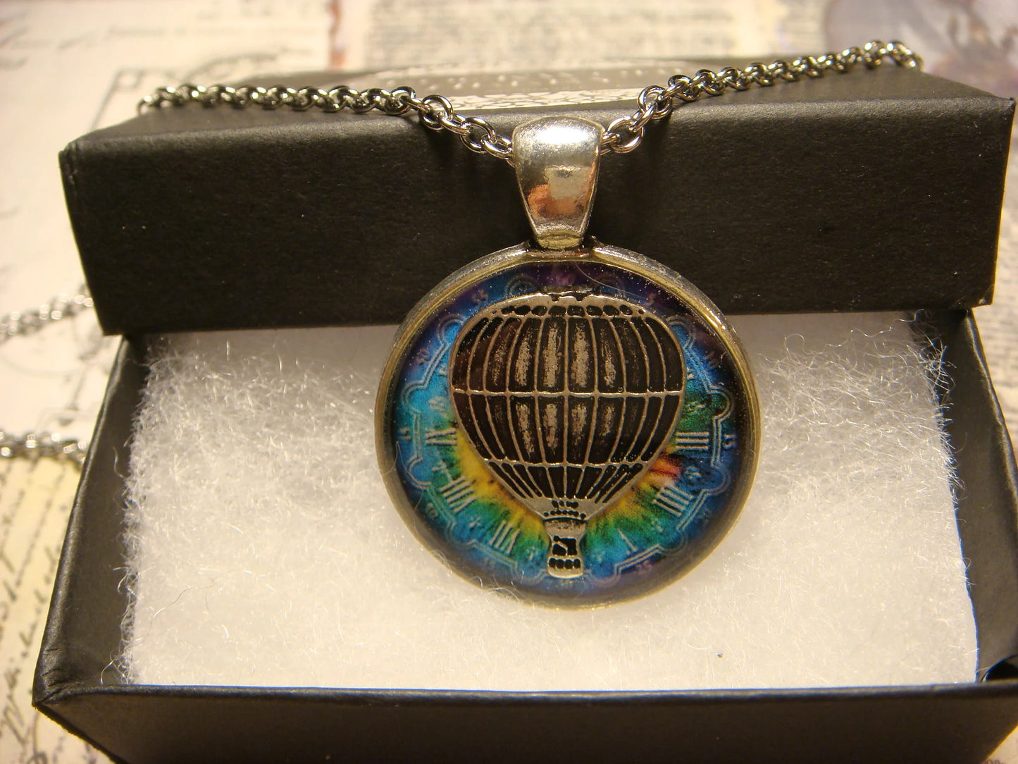 Hot Air Balloon over Colorful Clock Pendant Necklace