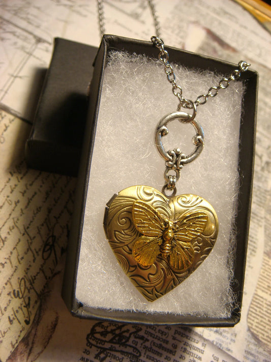 Butterfly Heart Locket Necklace in Antique Gold and Bronze