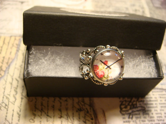 Floral Clock Image Filigree Ring in Antique Silver - Adjustable