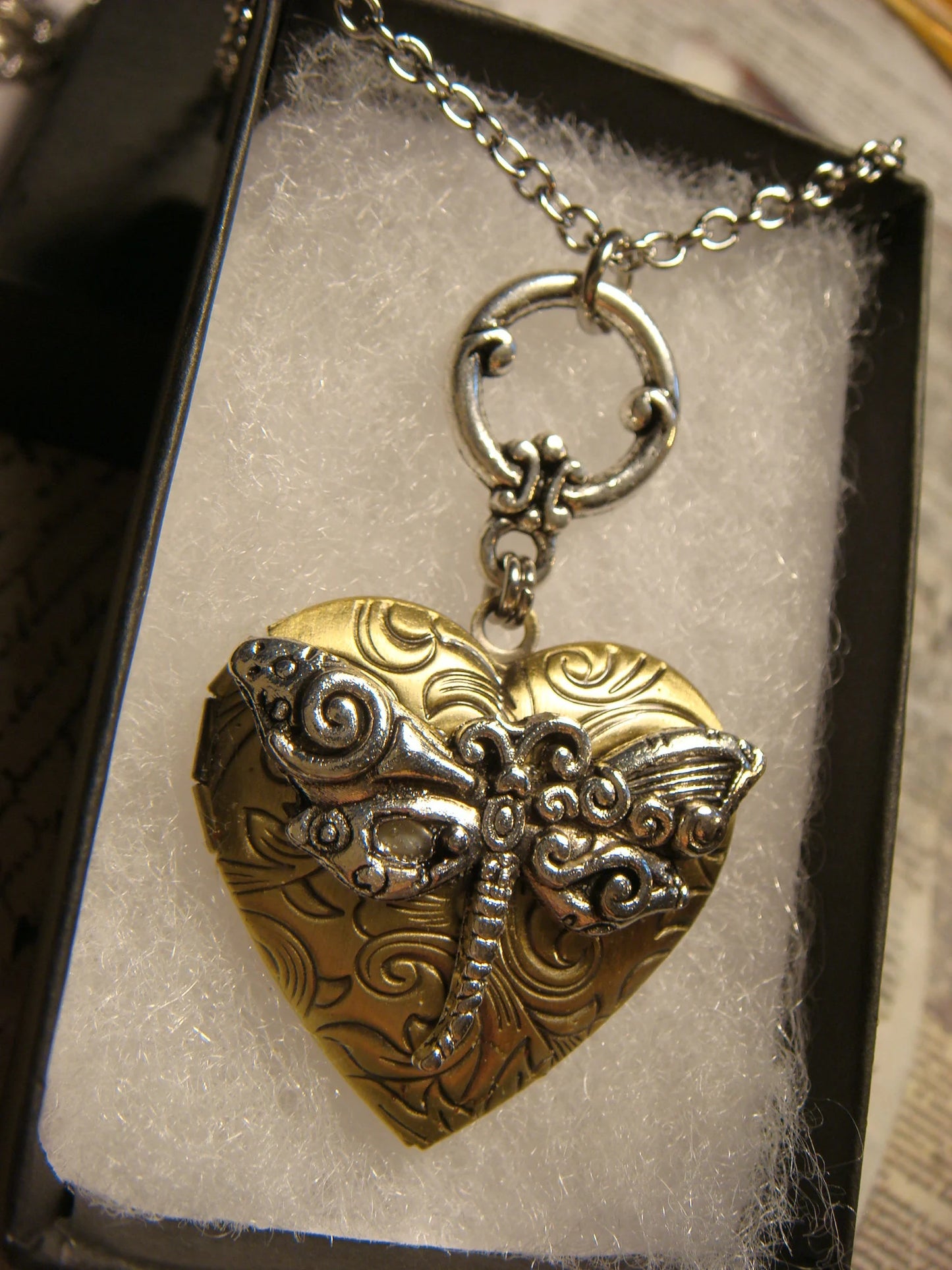 Dragonfly Heart Locket Necklace in Antique Silver and Bronze