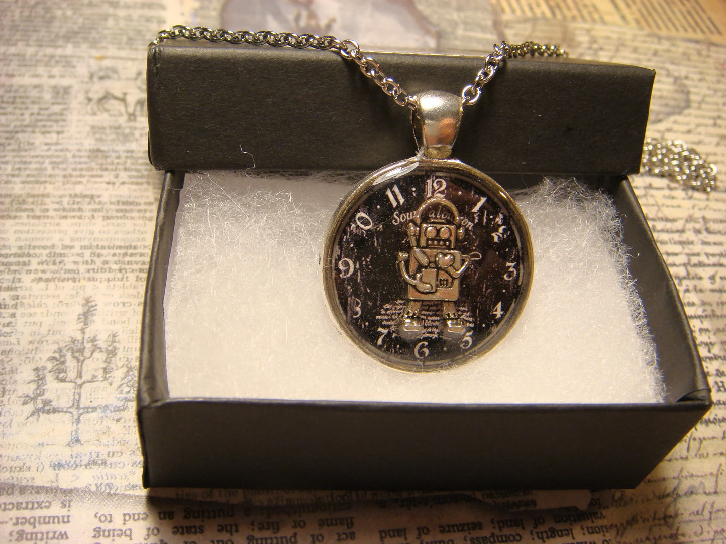 Robot over Clock Pendant Necklace