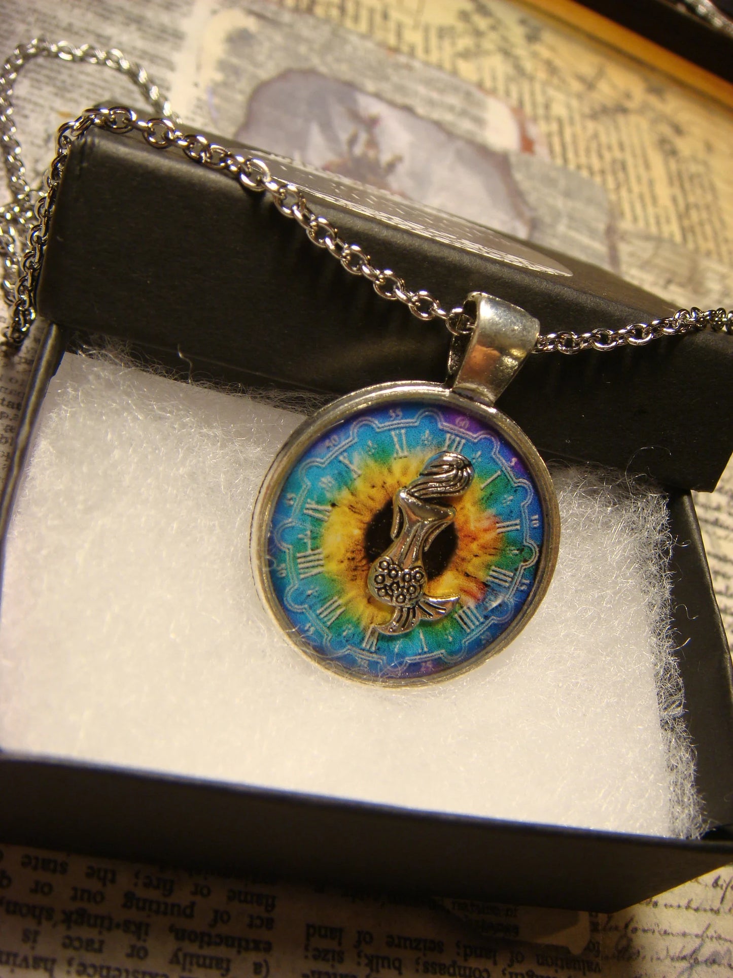 Mermaid over Colorful Clock Pendant Necklace