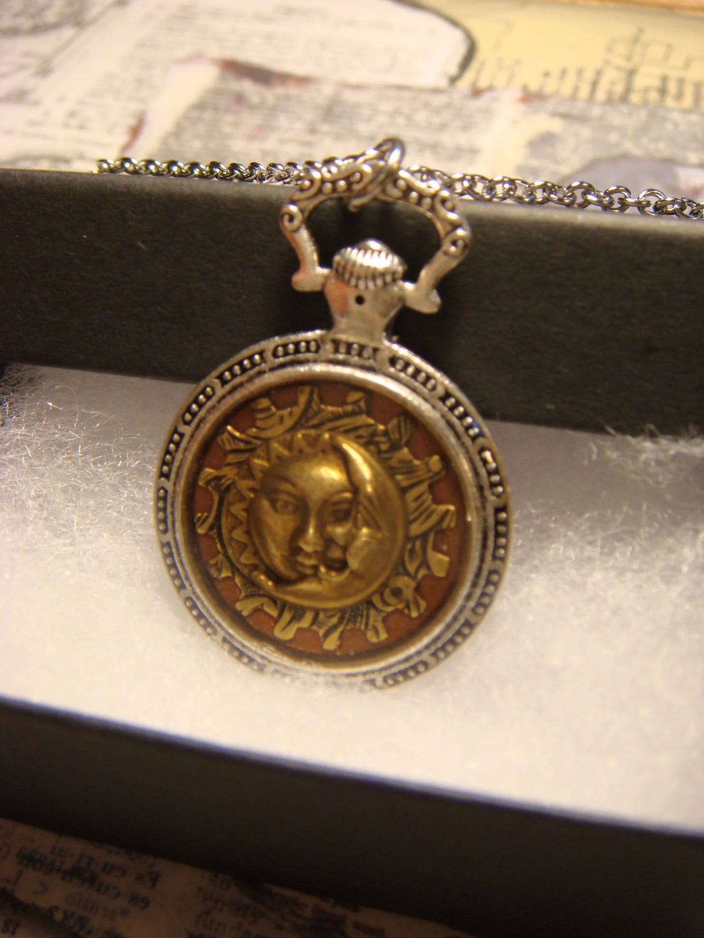 Sun and Moon over Etched Gear Pocket Watch Pendant Necklace