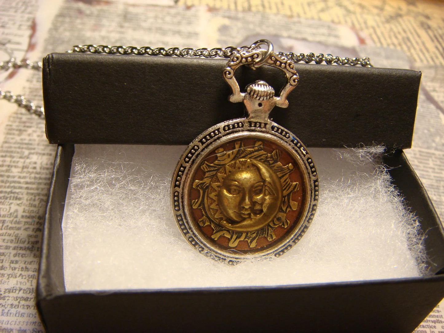 Sun and Moon over Etched Gear Pocket Watch Pendant Necklace
