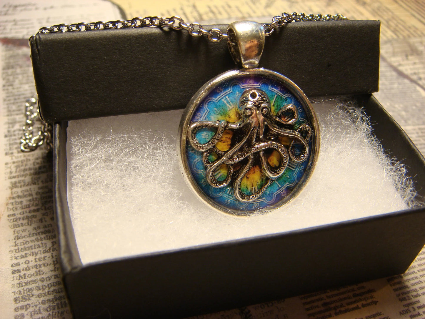 Octopus over Colorful Clock Pendant Necklace