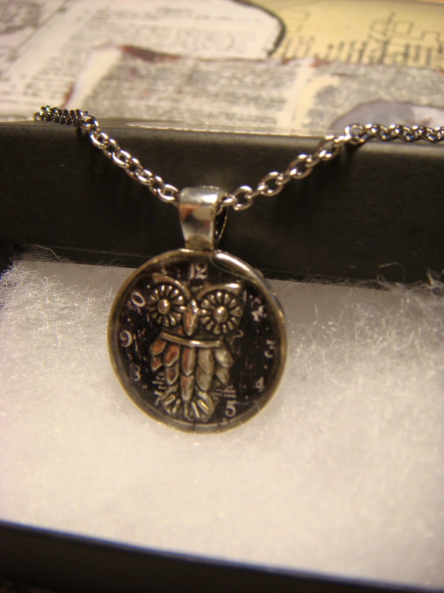 Owl over Clock Small Pendant Necklace