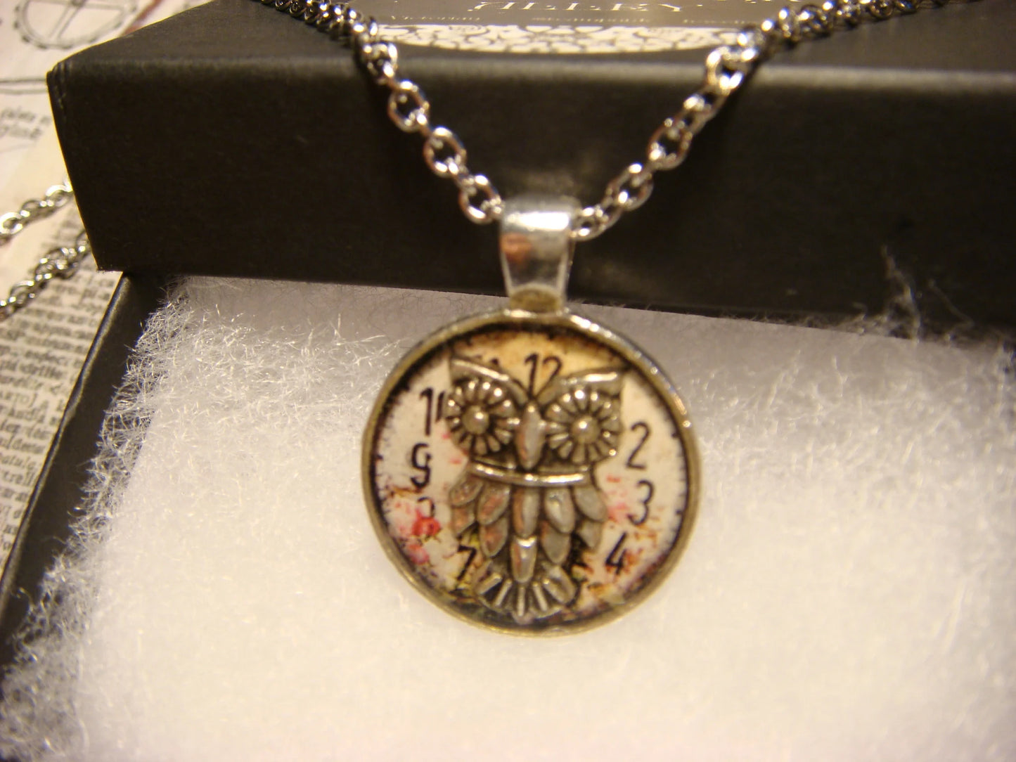 Owl over Floral Clock Small Pendant Necklace