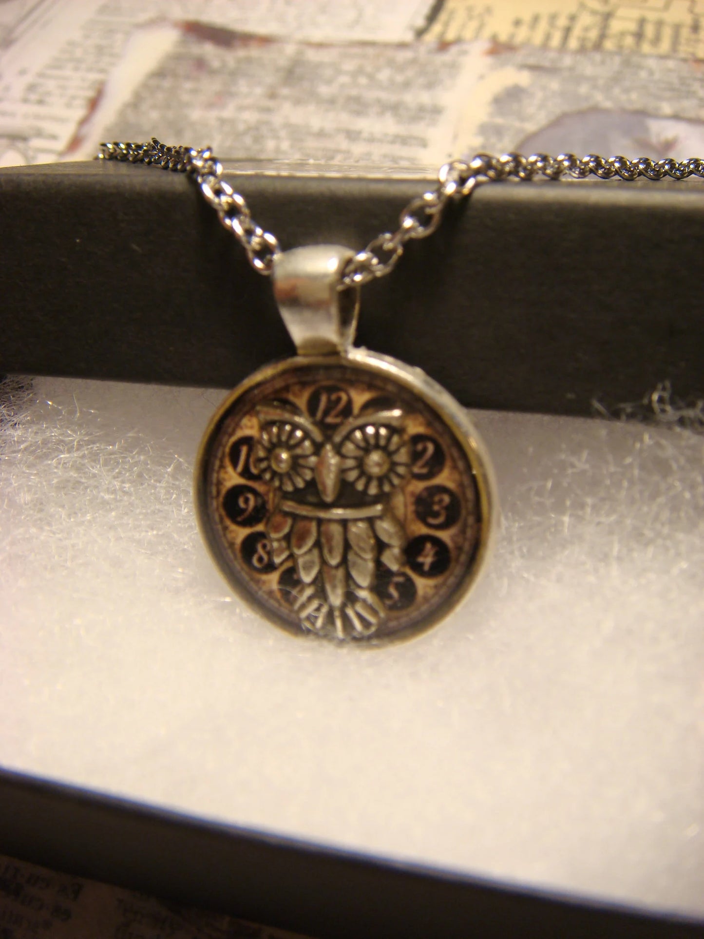 Owl over Clock Small Pendant Necklace