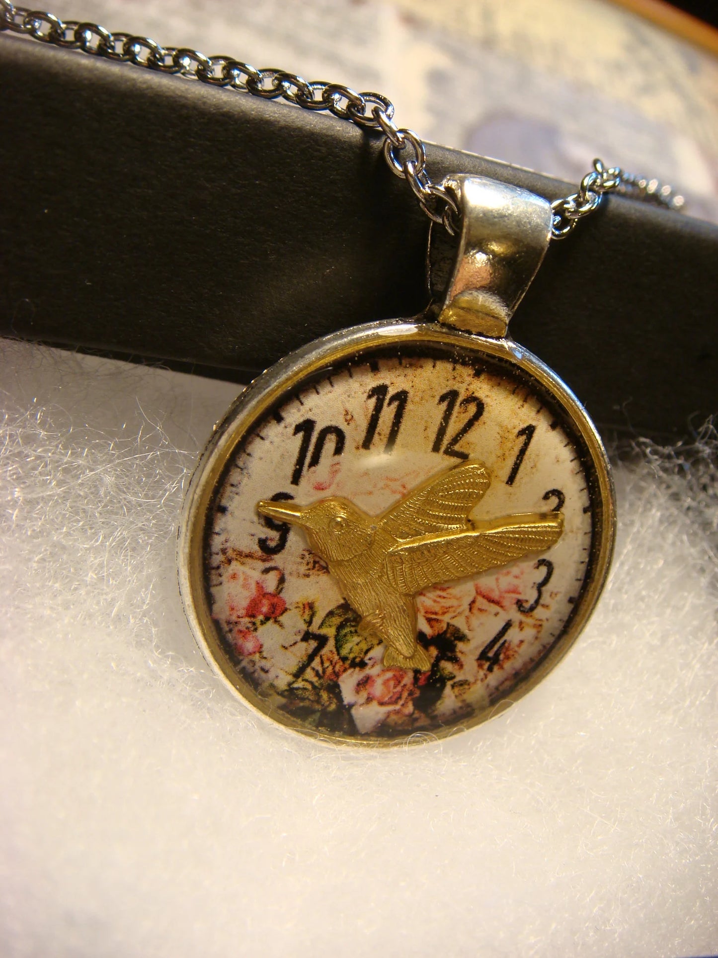 Hummingbird over Floral Clock Pendant Necklace