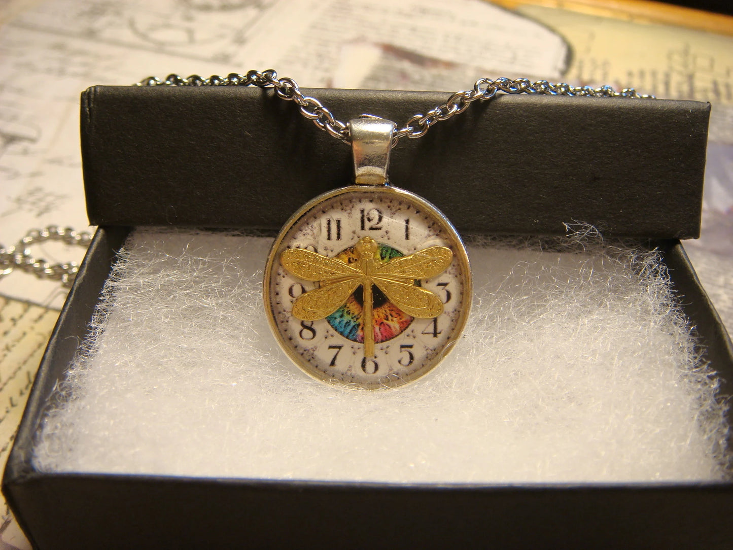 Dragonfly over Clock Small Pendant Necklace