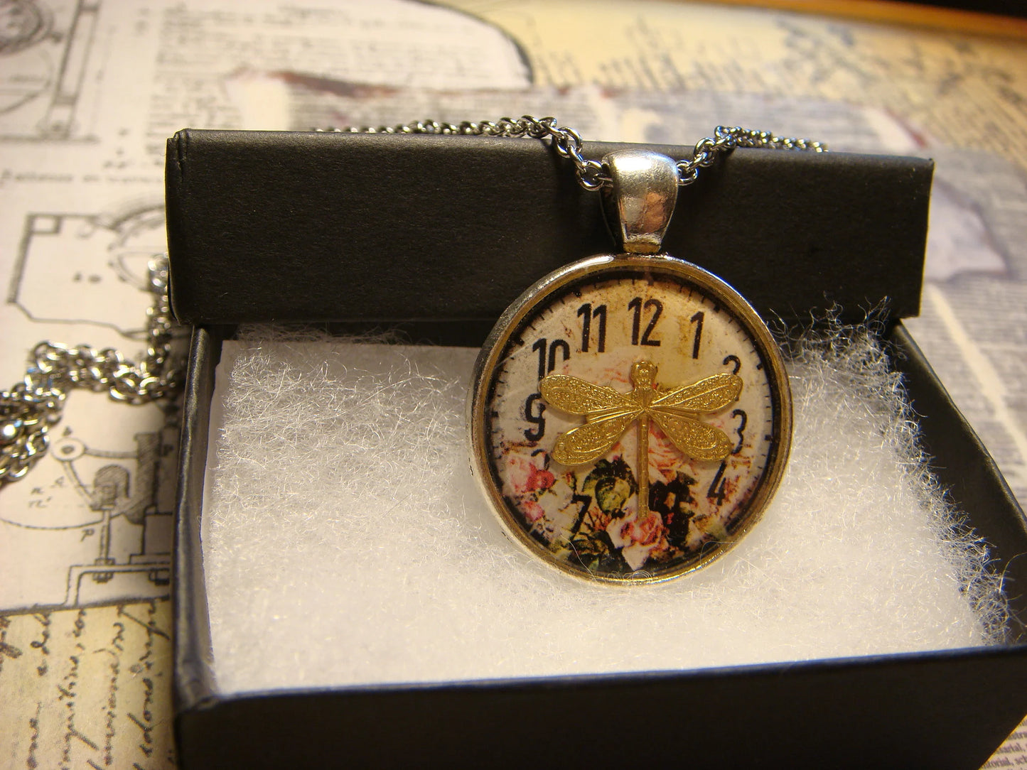 Dragonfly over Floral Clock Small Pendant Necklace