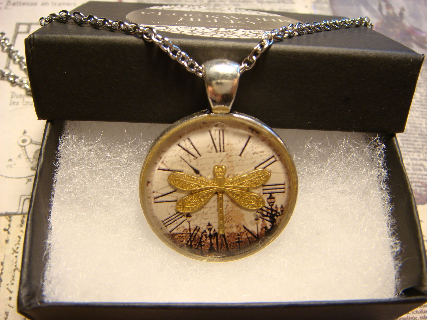 Dragonfly over Victorian Clock Pendant Necklace