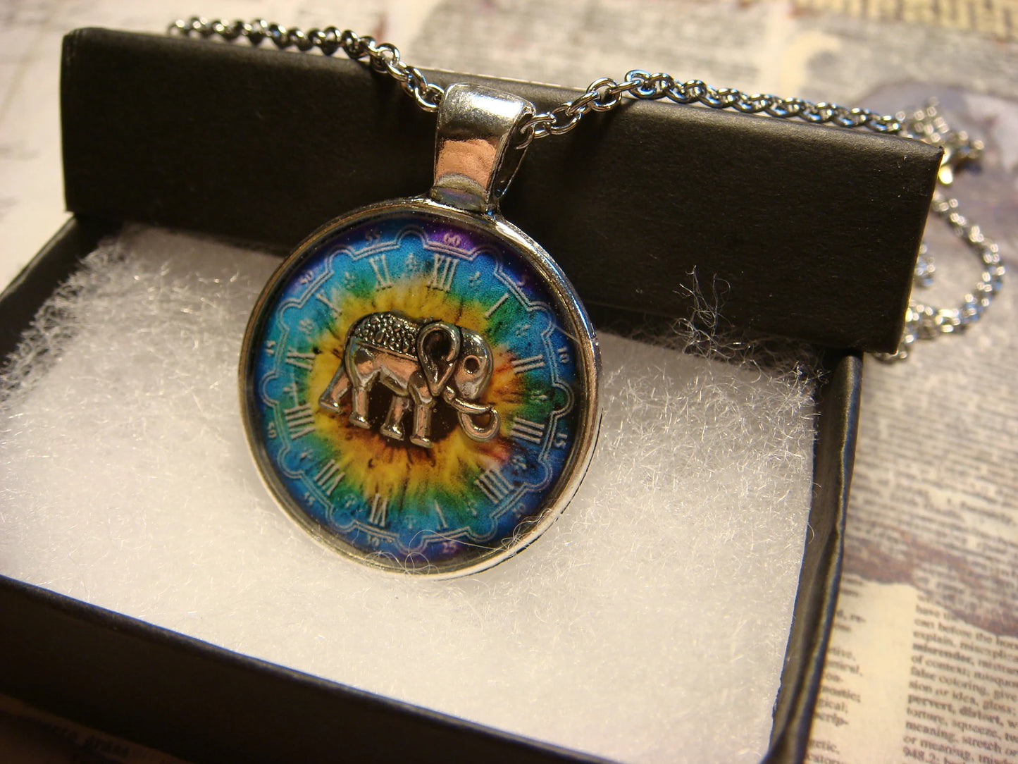Elephant over Colorful Clock Pendant Necklace