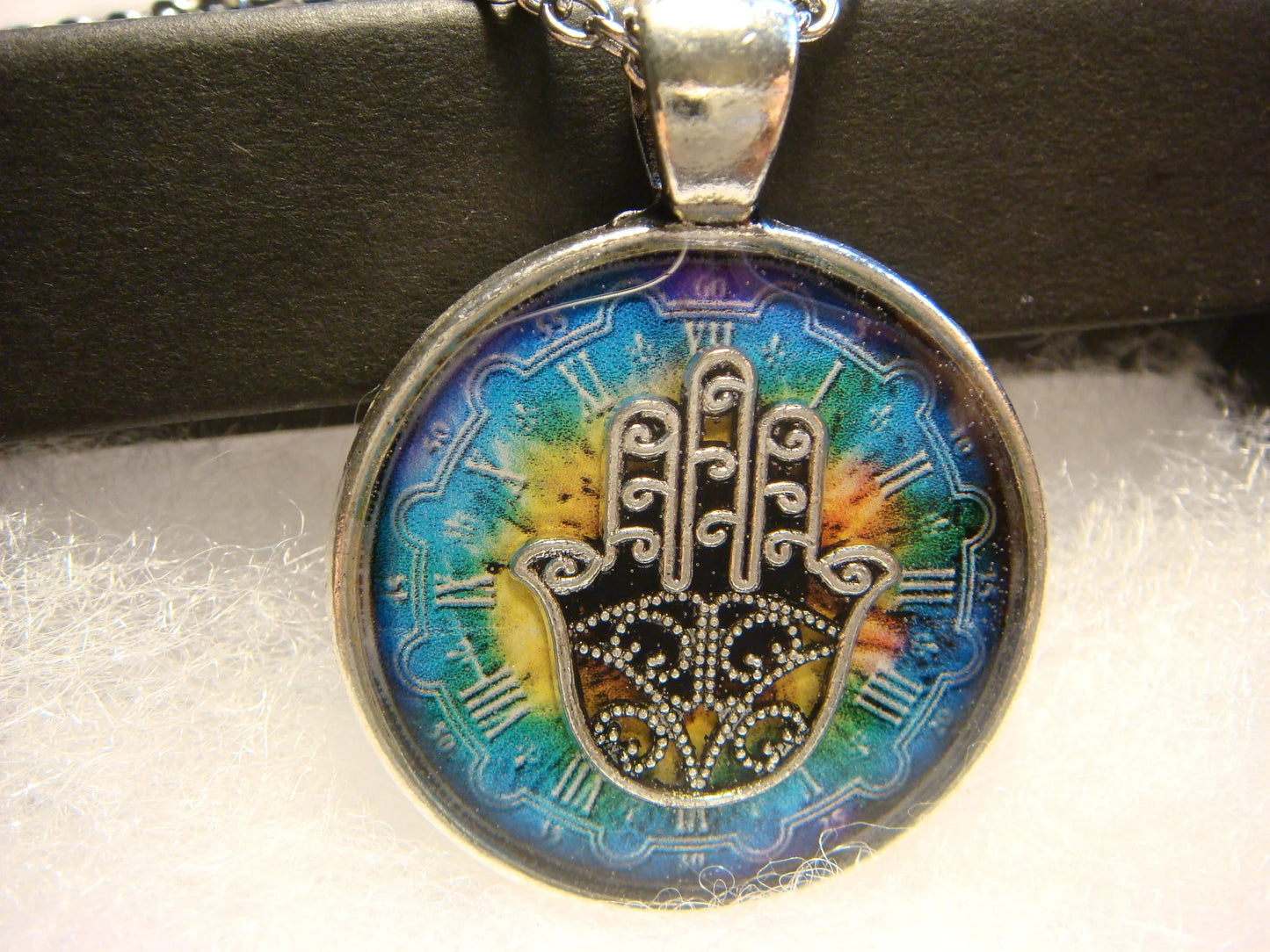 Hamsa over Colorful Clock Pendant Necklace