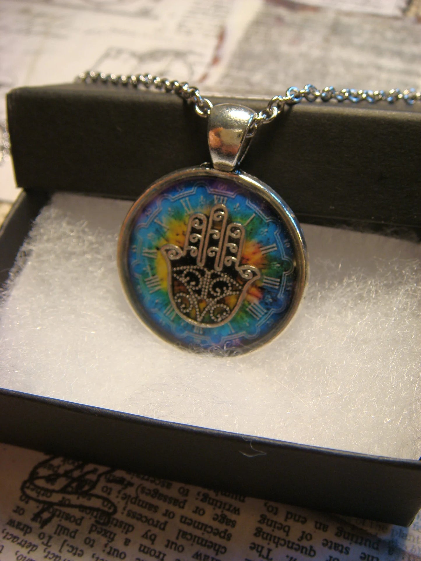 Hamsa over Colorful Clock Pendant Necklace