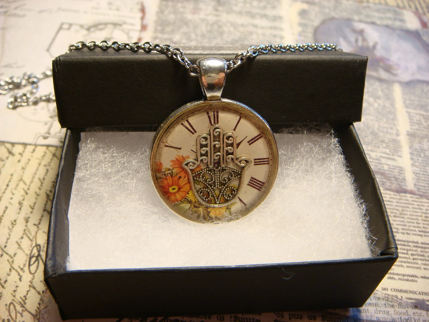 Hamsa over Floral Clock Pendant Necklace