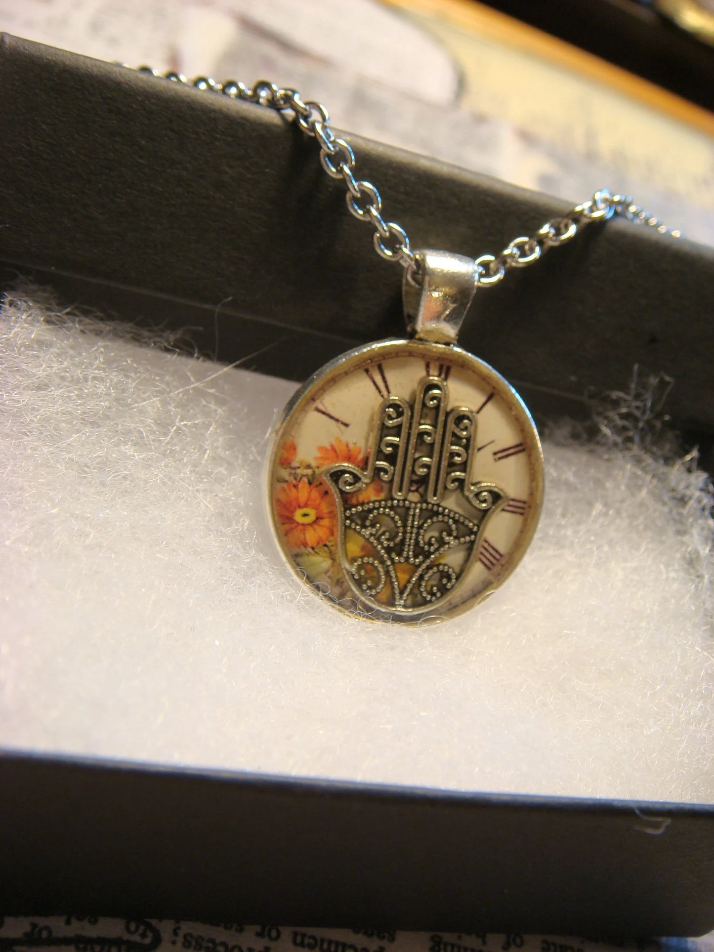 Hamsa over Floral Clock Small Pendant Necklace