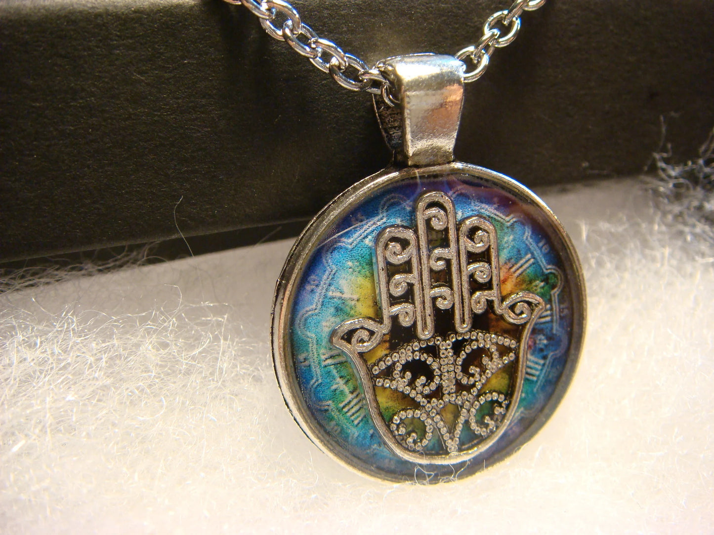 Hamsa over Colorful Clock Small Pendant Necklace