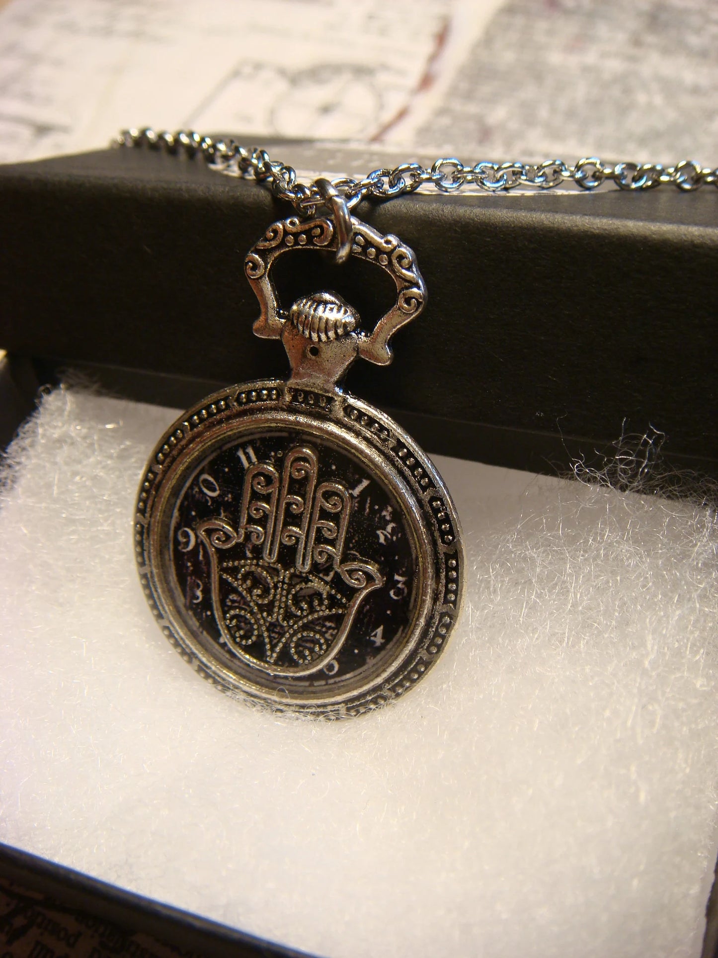 Hamsa over Clock Pocket Watch Pendant Necklace
