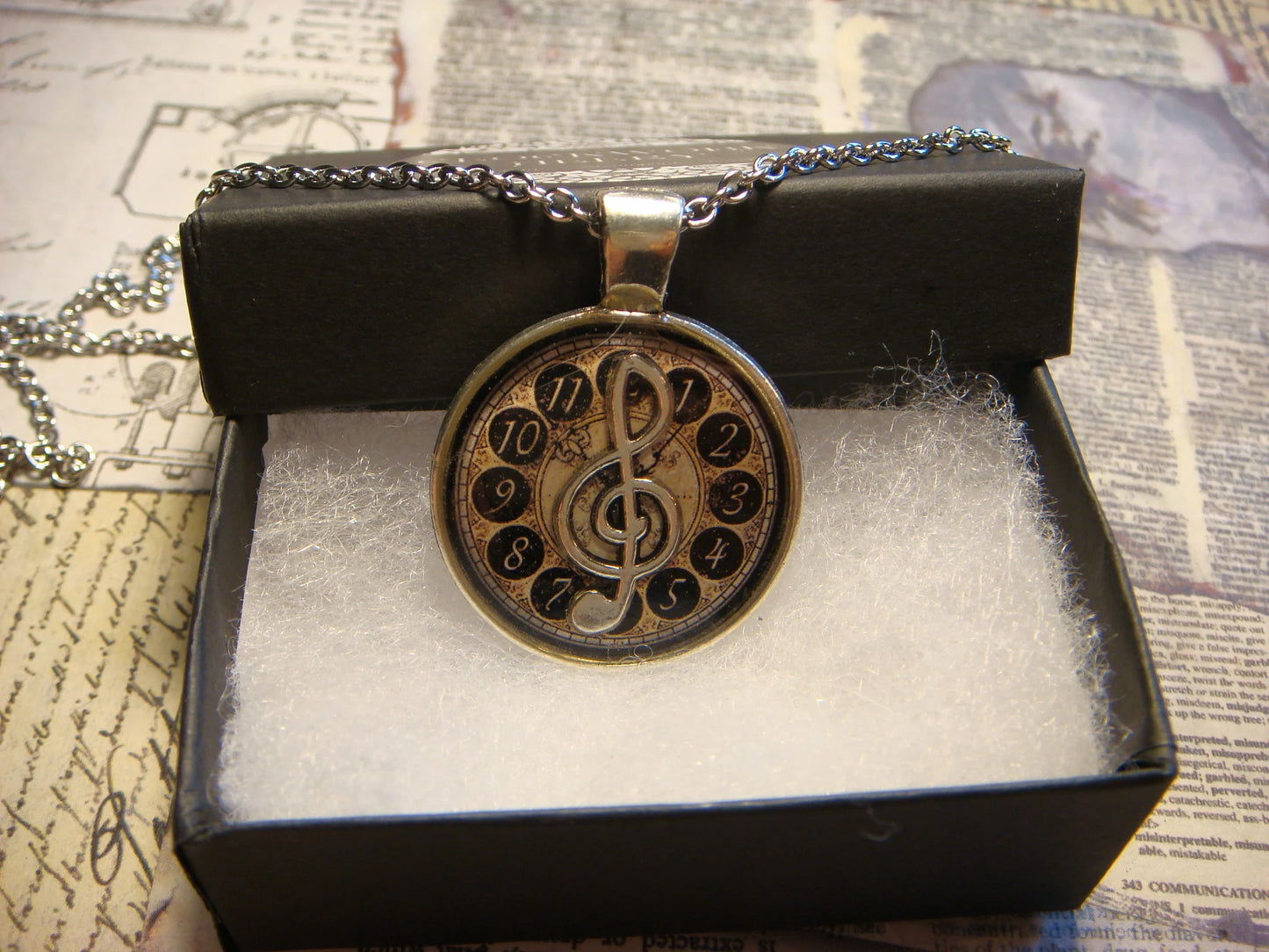 Treble Clef over Clock Pendant Necklace