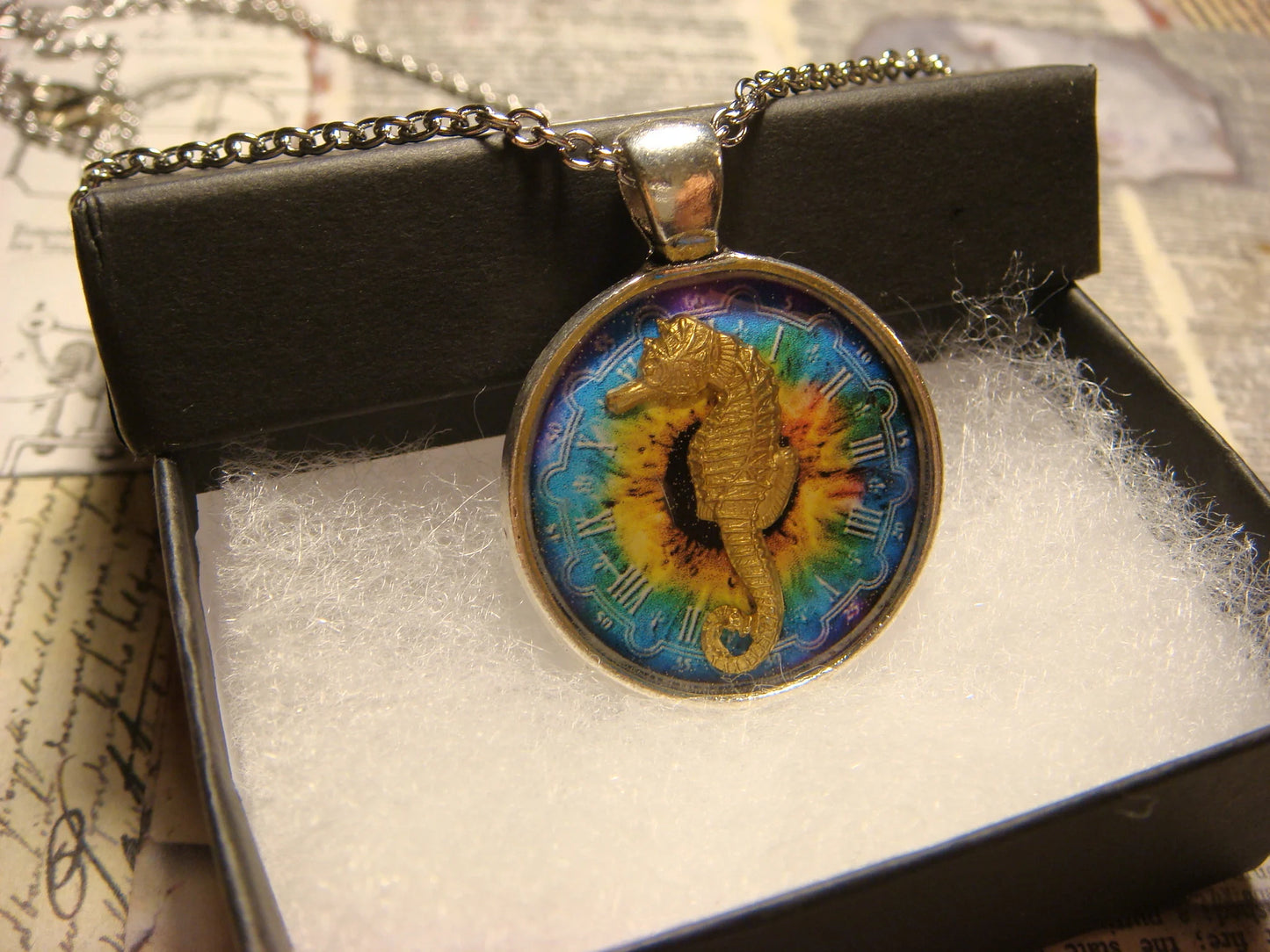 Seahorse over Colorful Clock Pendant Necklace