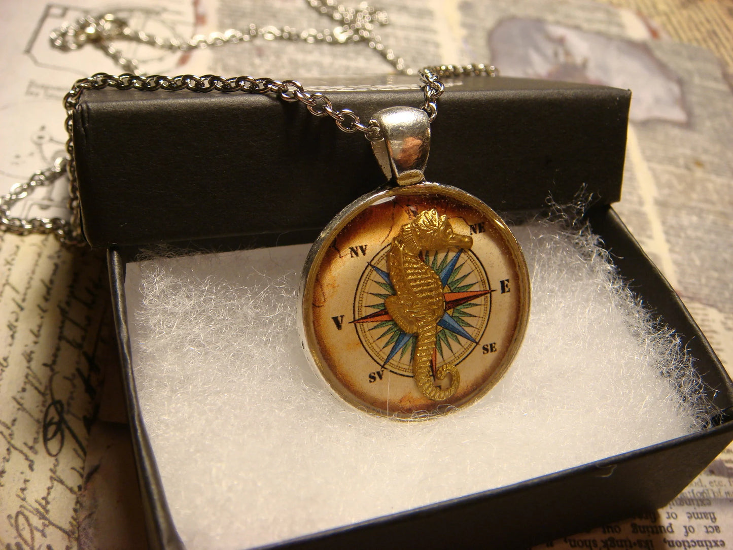 Seahorse over Compass Rose Pendant Necklace