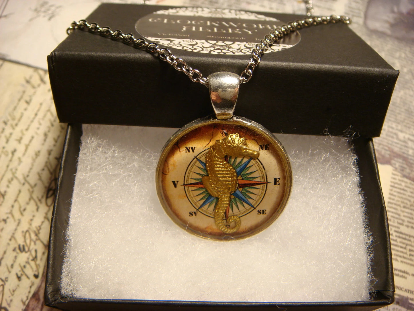 Seahorse over Compass Rose Pendant Necklace