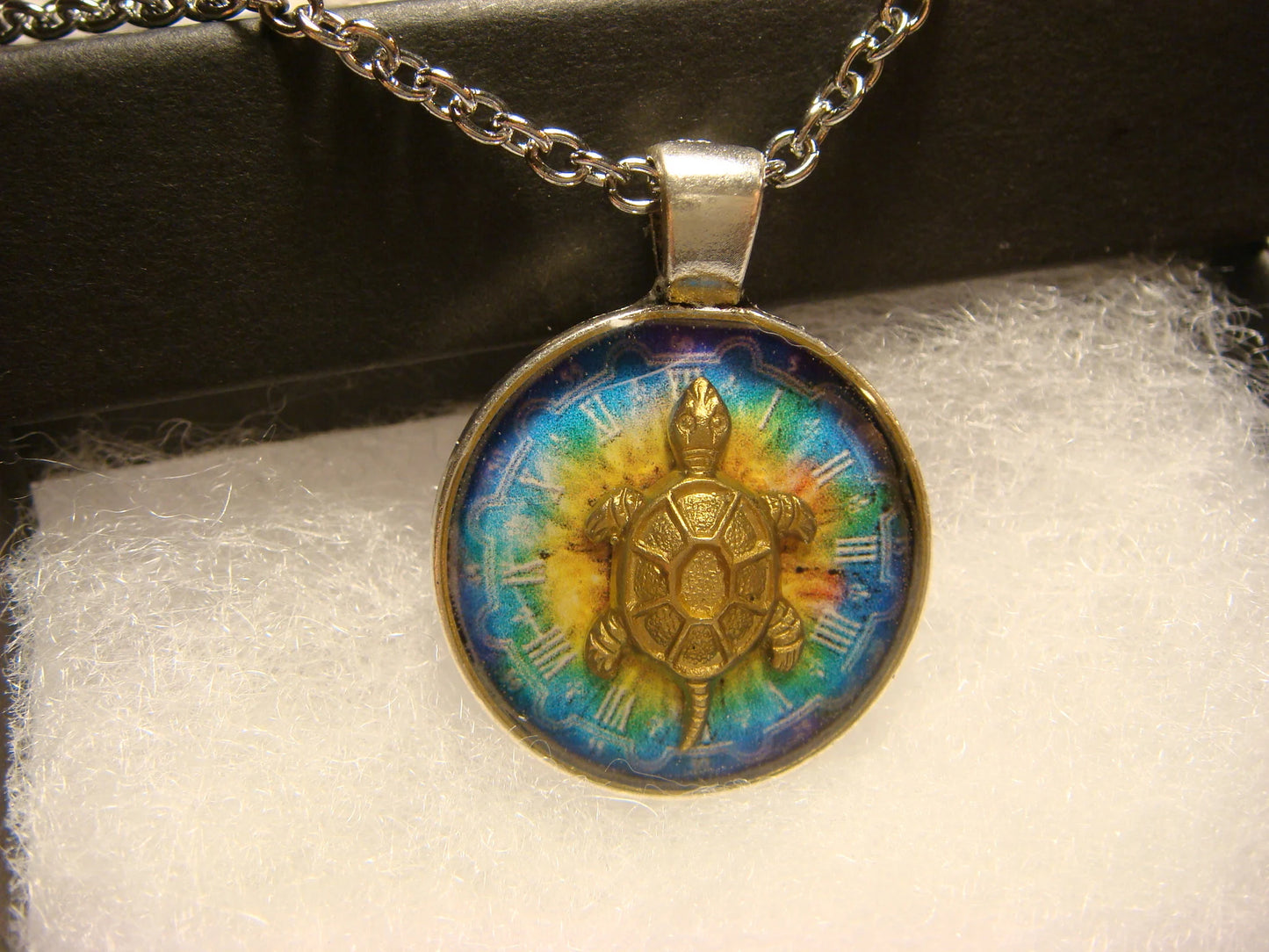 Turtle over Colorful Clock Small Pendant Necklace