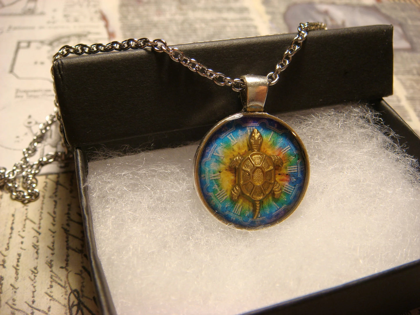 Turtle over Colorful Clock Small Pendant Necklace