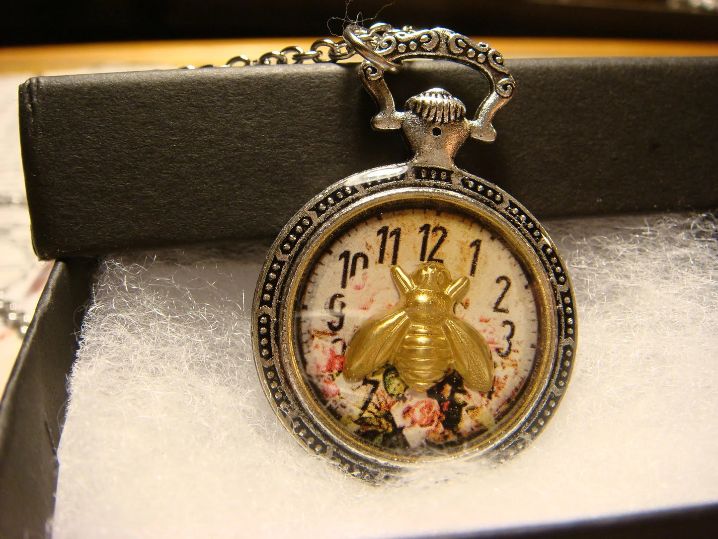 Bee over Floral Clock Pocket Watch Pendant Necklace
