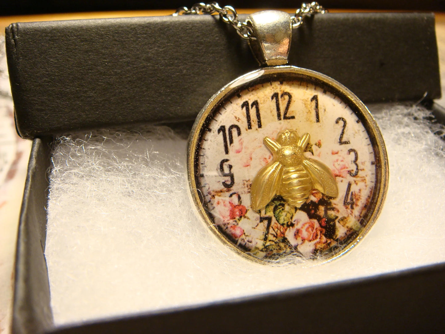 Bee over Floral Clock Pendant Necklace