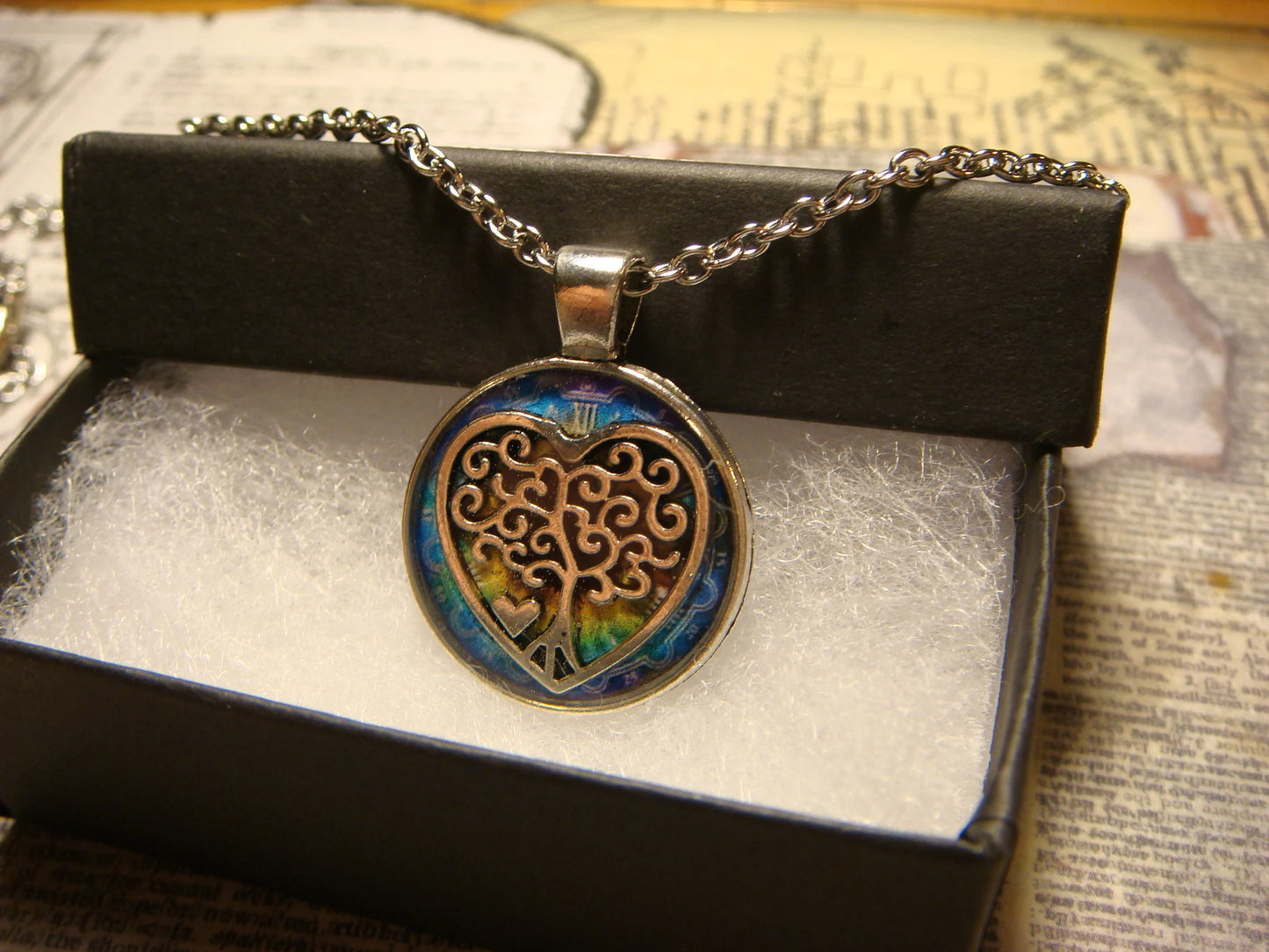 Tree Heart over Colorful Clock Small Pendant Necklace
