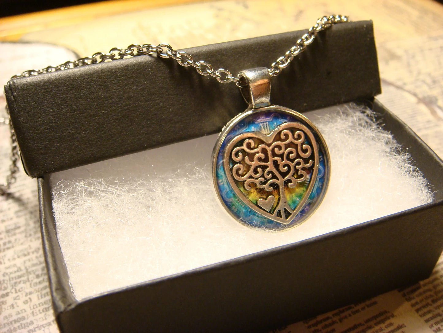 Tree Heart over Colorful Clock Small Pendant Necklace