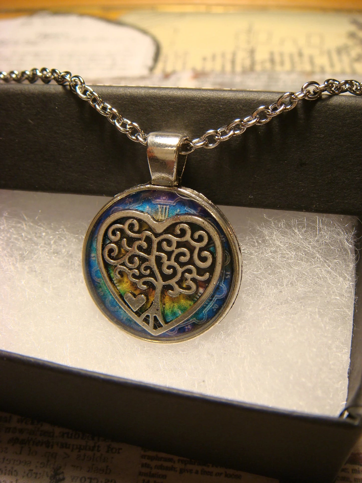 Tree Heart over Colorful Clock Small Pendant Necklace