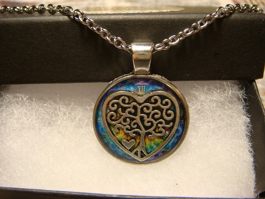 Tree Heart over Colorful Clock Small Pendant Necklace