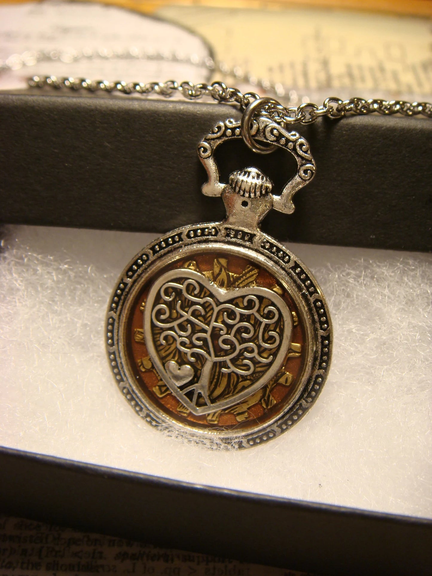 Tree of Life Heart over Etched Gear Pocket Watch Style Pendant Necklace