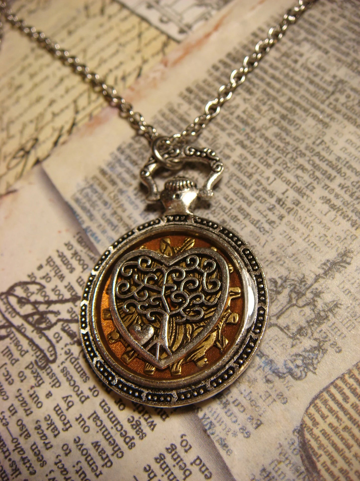 Tree of Life Heart over Etched Gear Pocket Watch Style Pendant Necklace