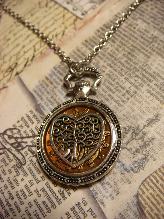 Tree of Life Heart over Etched Gear Pocket Watch Style Pendant Necklace
