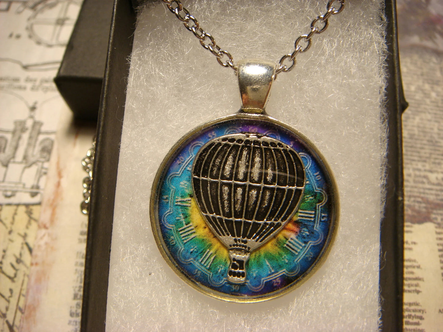 Hot Air Balloon over Colorful Clock Pendant Necklace