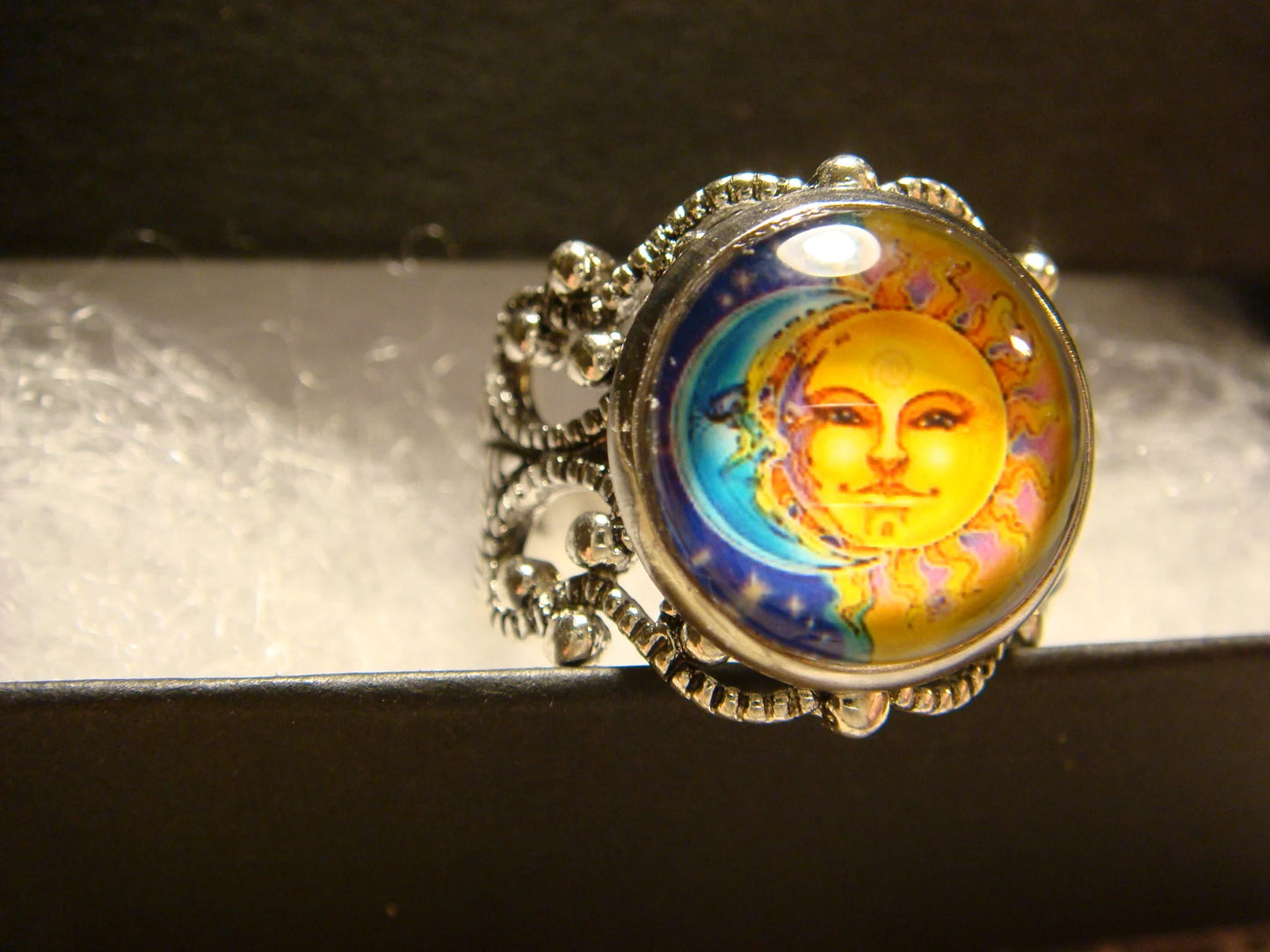 Moon and Sun Image Filigree Ring in Antique Silver - Adjustable